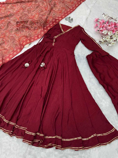 Chinon Gowns   Fancy Anarkali Long Geown With Dupatta Marron Gowns