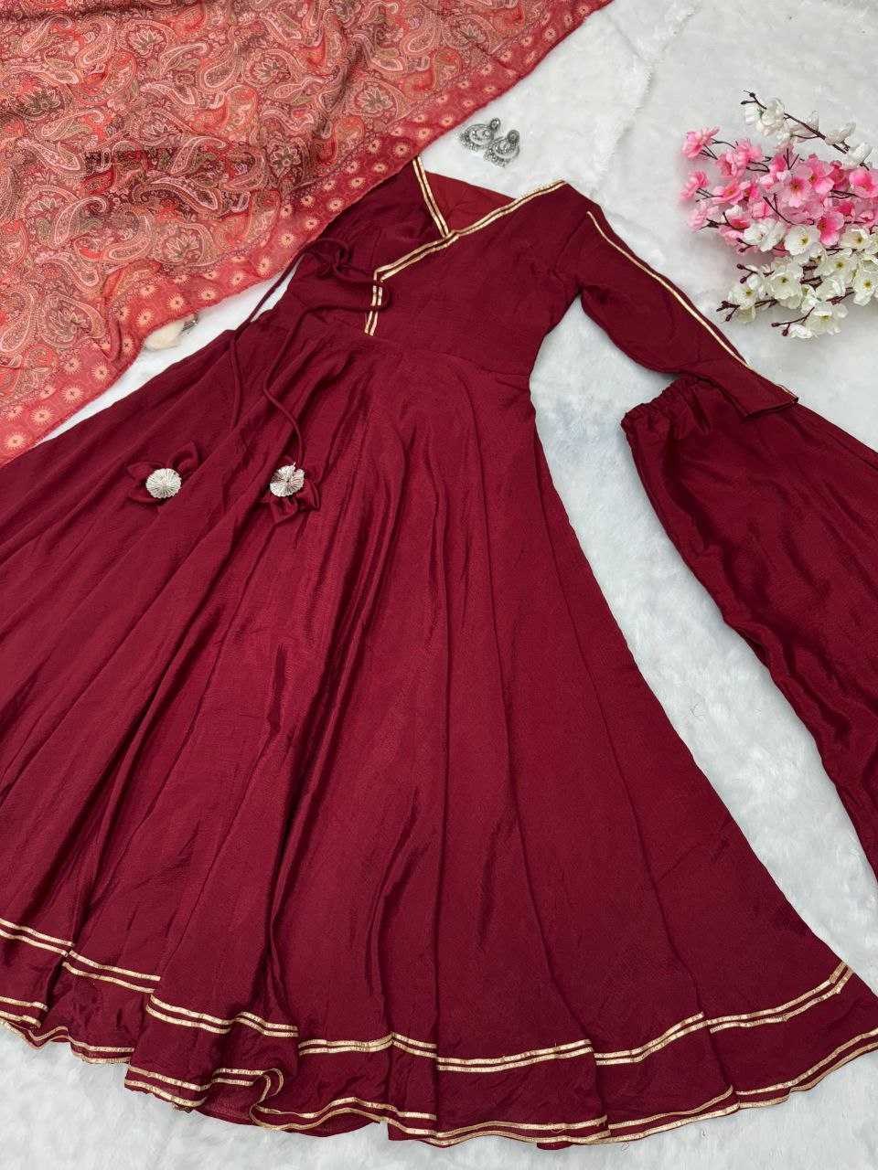 Chinon Gowns   Fancy Anarkali Long Geown With Dupatta Marron Gowns