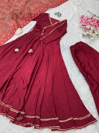 Chinon Gowns   Fancy Anarkali Long Geown With Dupatta Marron Gowns