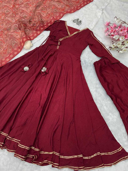 Chinon Gowns   Fancy Anarkali Long Geown With Dupatta Marron Gowns