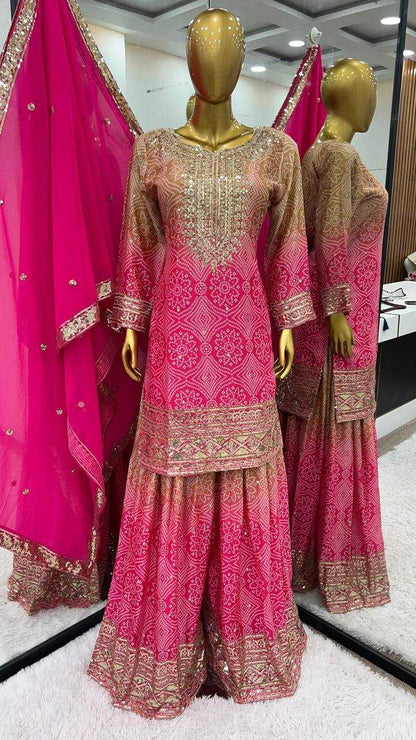 Chinon Kesh128 389 Suits & Dresses  Sharara Salwar Printed Embroidery Zari Work Suits