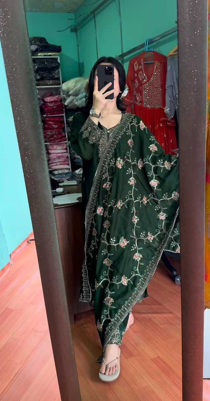 Chinon Kesh164 G71 Suits & Dresses  Embroidry Long Kurti Green Salwar Suits Ladies Silk Manufacture