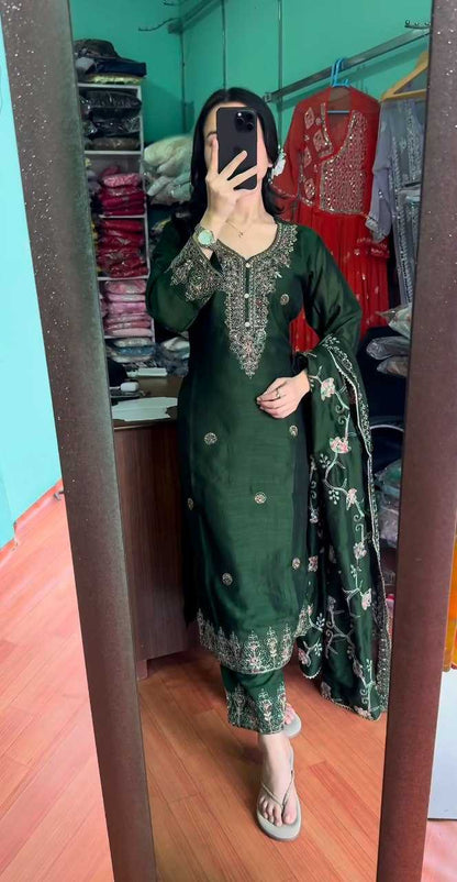 Chinon Kesh164 G71 Suits & Dresses  Embroidry Long Kurti Green Salwar Suits Ladies Silk Manufacture