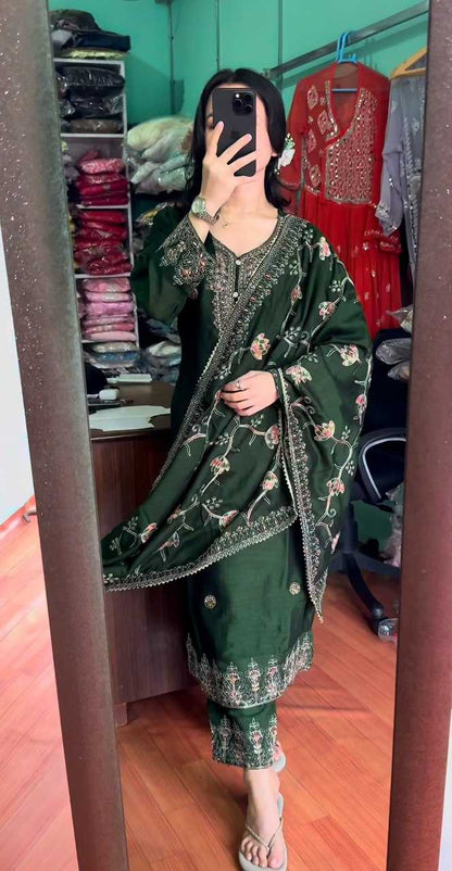 Chinon Kesh164 G71 Suits & Dresses  Embroidry Long Kurti Green Salwar Suits Ladies Silk Manufacture