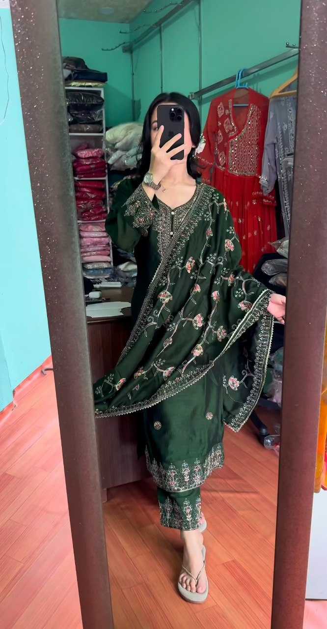 Chinon Kesh164 G71 Suits & Dresses  Embroidry Long Kurti Green Salwar Suits Ladies Silk Manufacture