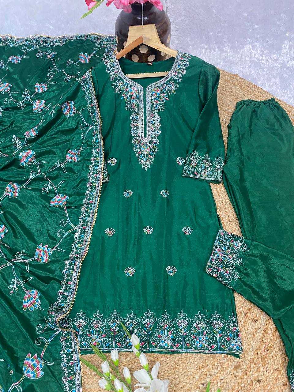 Chinon Kesh164 G71 Suits & Dresses  Embroidry Long Kurti Green Salwar Suits Ladies Silk Manufacture