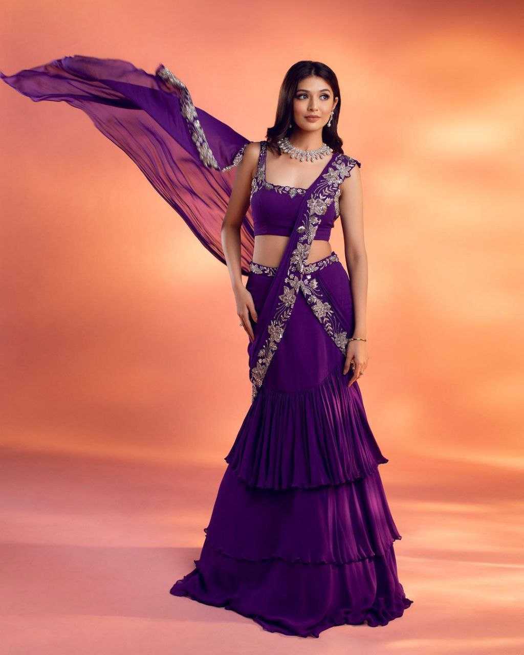 Chinon Kesh176 113 Lehenga Sarees  Lehenga Sarees Fancy Embroidered Ruffle Purple Lehengas