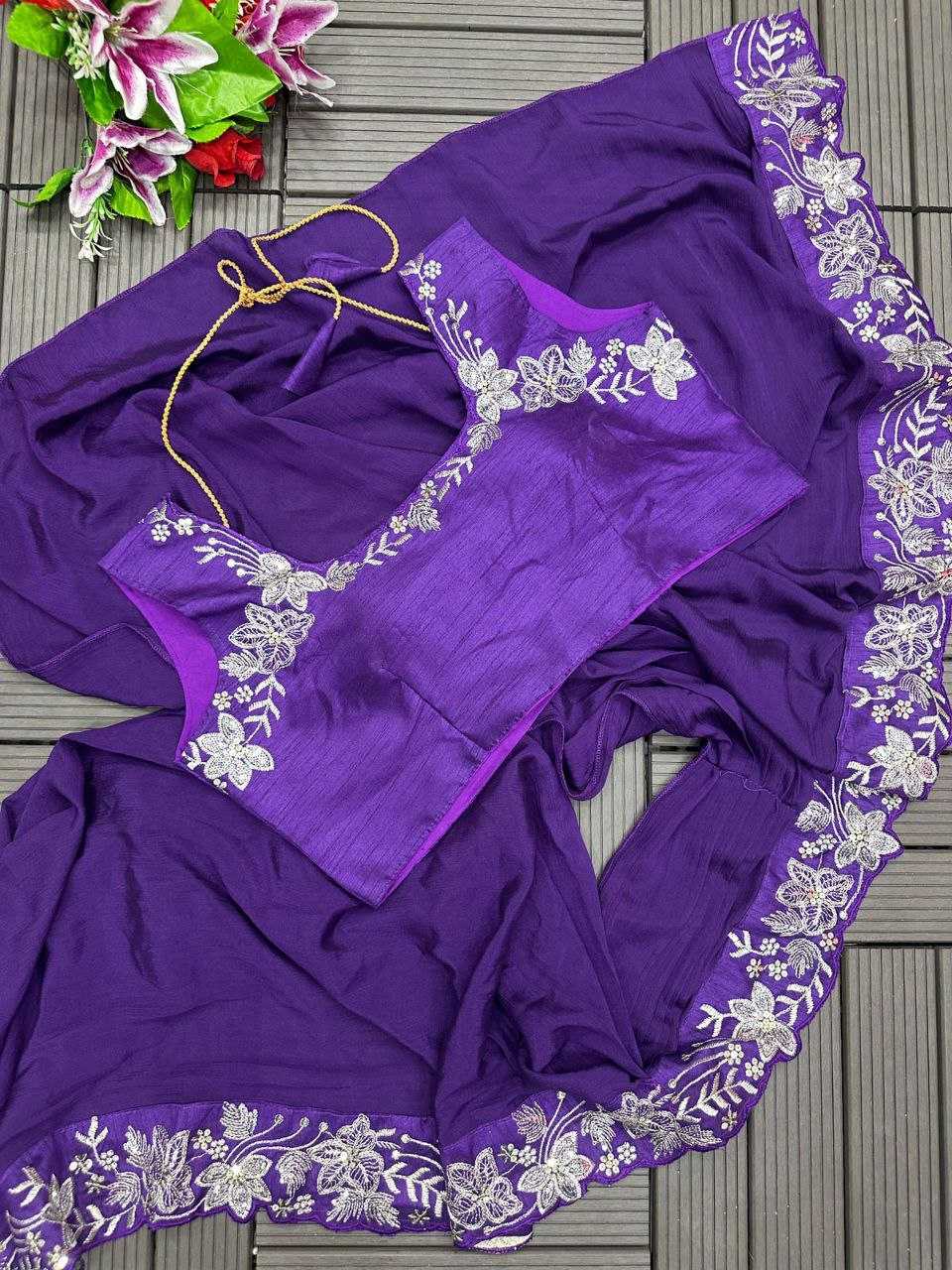 Chinon Kesh176 113 Lehenga Sarees  Lehenga Sarees Fancy Embroidered Ruffle Purple Lehengas