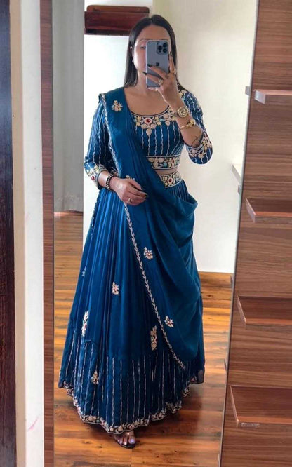 Chinon Kesh176 117 Lehengas  Tradiitonal Embroidered Lehenga With Dupatta Lehenga With Blouse Blue Lehengas