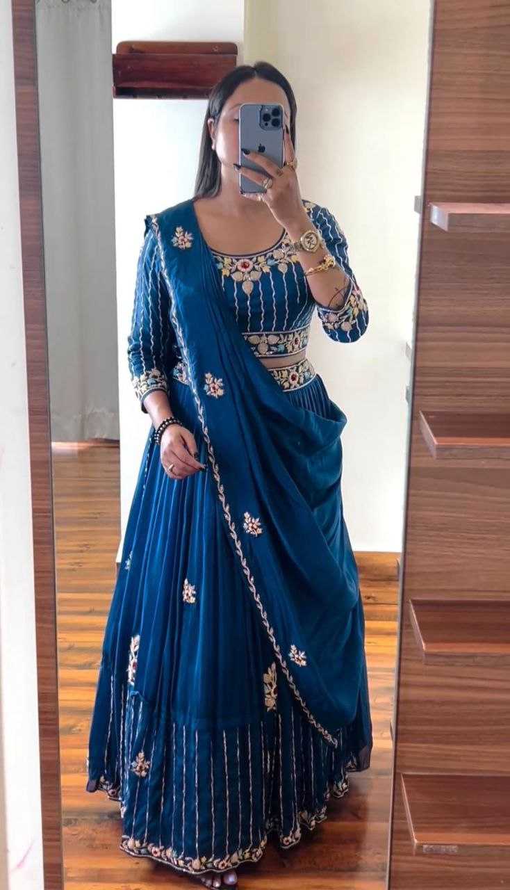 Chinon Kesh176 117 Lehengas  Tradiitonal Embroidered Lehenga With Dupatta Lehenga With Blouse Blue Lehengas