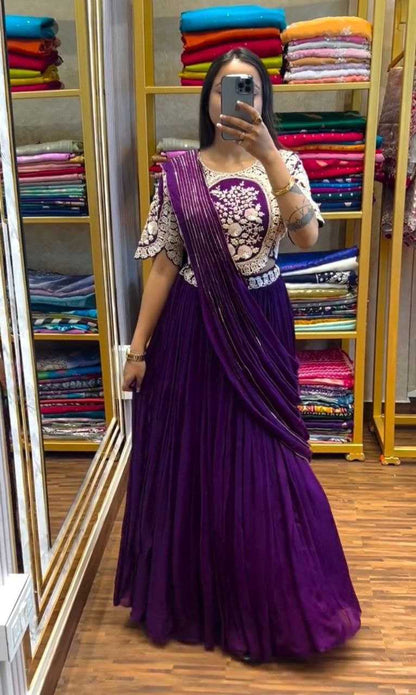 Chinon Kesh176 144 Lehengas  Traditional Embroidered Lehenga With Dupatta Lehenga With Blouse Lehenga With Belt Purple Lehengas