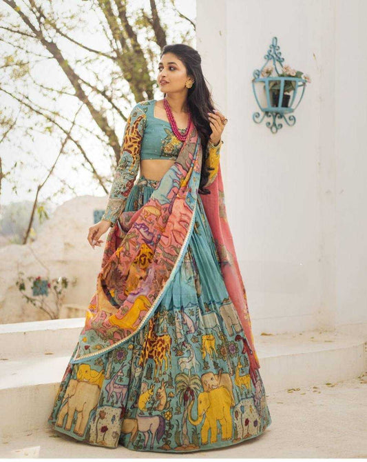 Chinon Kesh224 175 Lehengas  Kalamkari Printed Lehenga With Blouse Lehenga With Dupatta