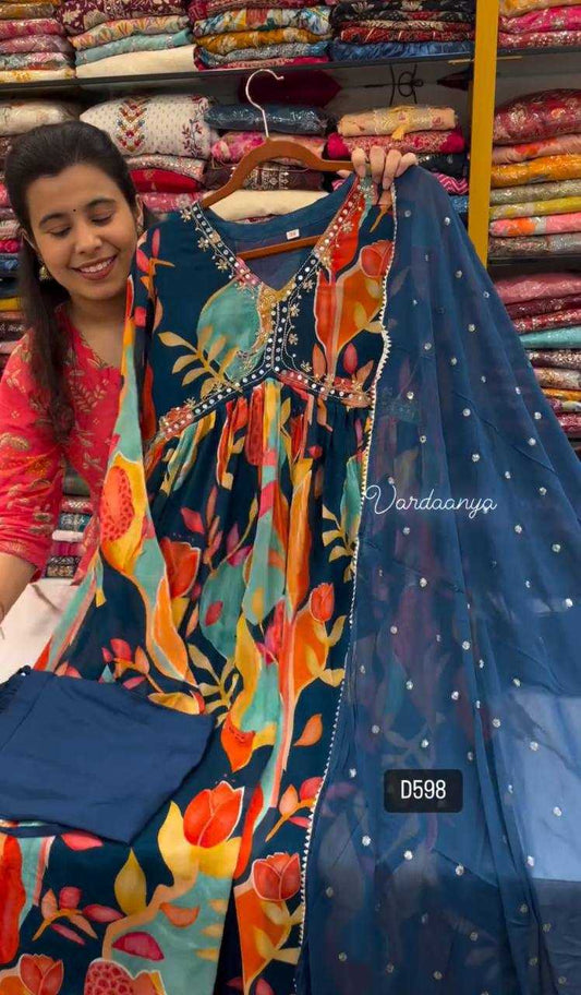 Chinon Kesh232 909 Suits & Dresses  Printed Alia Cut Ladies Blue Salwar Suits Manufacture