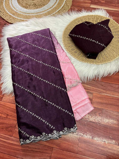 Chinon Rin104 Ape57 Sarees  Fancy Embroidered Cutwrok Sarees