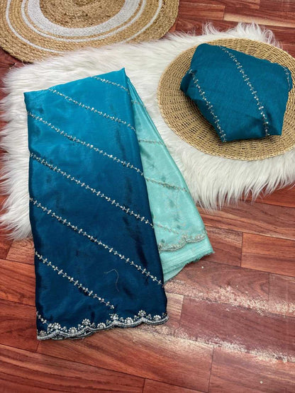 Chinon Rin104 Ape57 Sarees  Fancy Embroidered Cutwrok Sarees