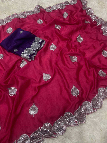 Chinon Rin124 Epic Leaf Sarees  Party Wear Sequence Embroidered Cutwork Zari Border Sarees