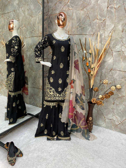 Chinon Rin141 1887 Suits & Dresses  Sharara Salwar Embroidery Party Wear Zari Work Silk Black Salwar Suits