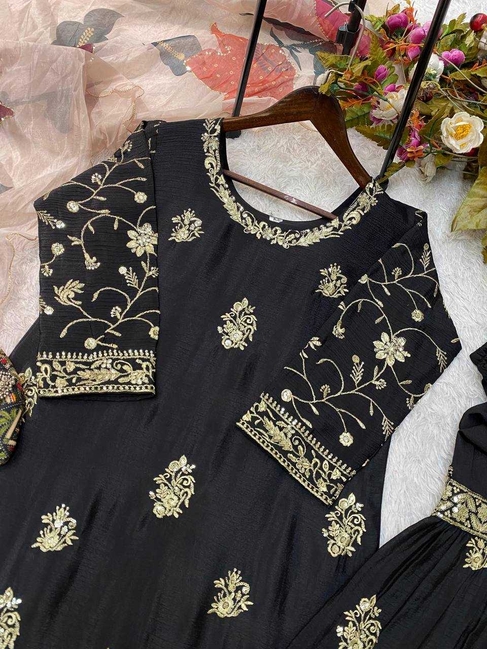 Chinon Rin141 1887 Suits & Dresses  Sharara Salwar Embroidery Party Wear Zari Work Silk Black Salwar Suits