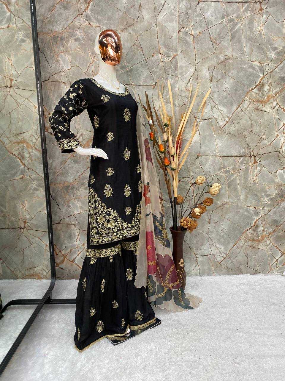 Chinon Rin141 1887 Suits & Dresses  Sharara Salwar Embroidery Party Wear Zari Work Silk Black Salwar Suits