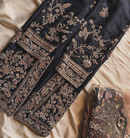 Chinon Rin141 1887 Suits & Dresses  Sharara Salwar Embroidery Party Wear Zari Work Silk Black Salwar Suits