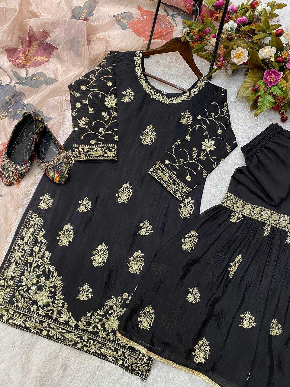 Chinon Rin141 1887 Suits & Dresses  Sharara Salwar Embroidery Party Wear Zari Work Silk Black Salwar Suits