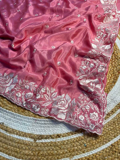 Chinon Rin182 Run54 Sarees  Cutwork Embroidered Fancy Work Sarees