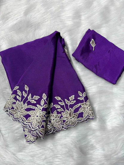 Chinon Rin193 Apn15 Sarees  Fancy Embroidery Lace Border Cutwork Sarees