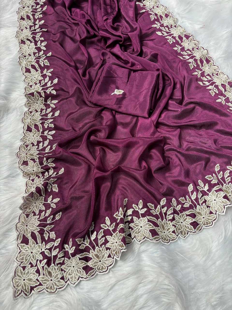 Chinon Rin193 Apn15 Sarees  Fancy Embroidery Lace Border Cutwork Sarees