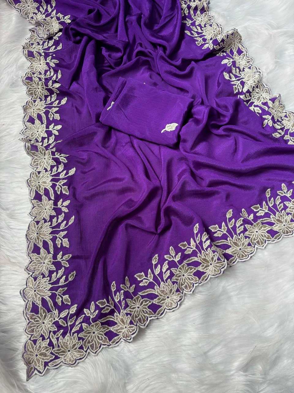 Chinon Rin193 Apn15 Sarees  Fancy Embroidery Lace Border Cutwork Sarees