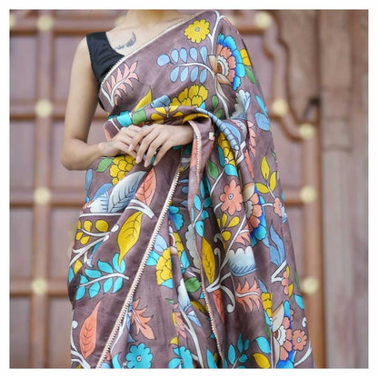 Chinon Run Blue Sarees  Printed Ladies Kalamkari Sarees