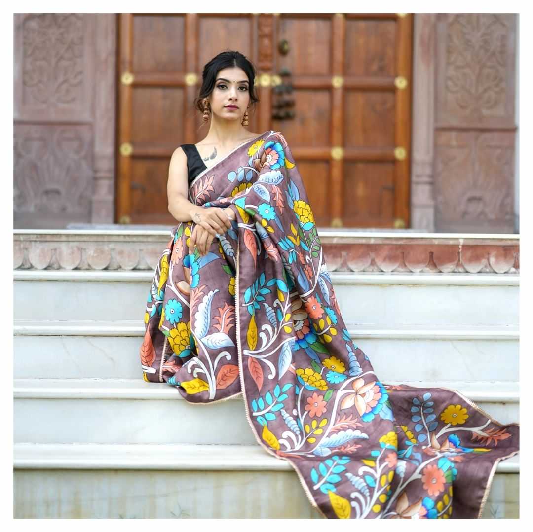 Chinon Run Blue Sarees  Printed Ladies Kalamkari Sarees