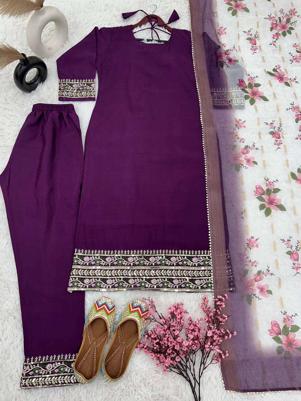 Chinon Silk Kesh121 1622 Suits & Dresses  Embroidery Palazzo Ladies Silk Ladies Party Wear Suits