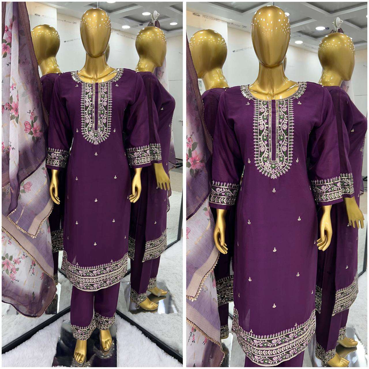 Chinon Silk Kesh121 1622 Suits & Dresses  Embroidery Palazzo Ladies Silk Ladies Party Wear Suits