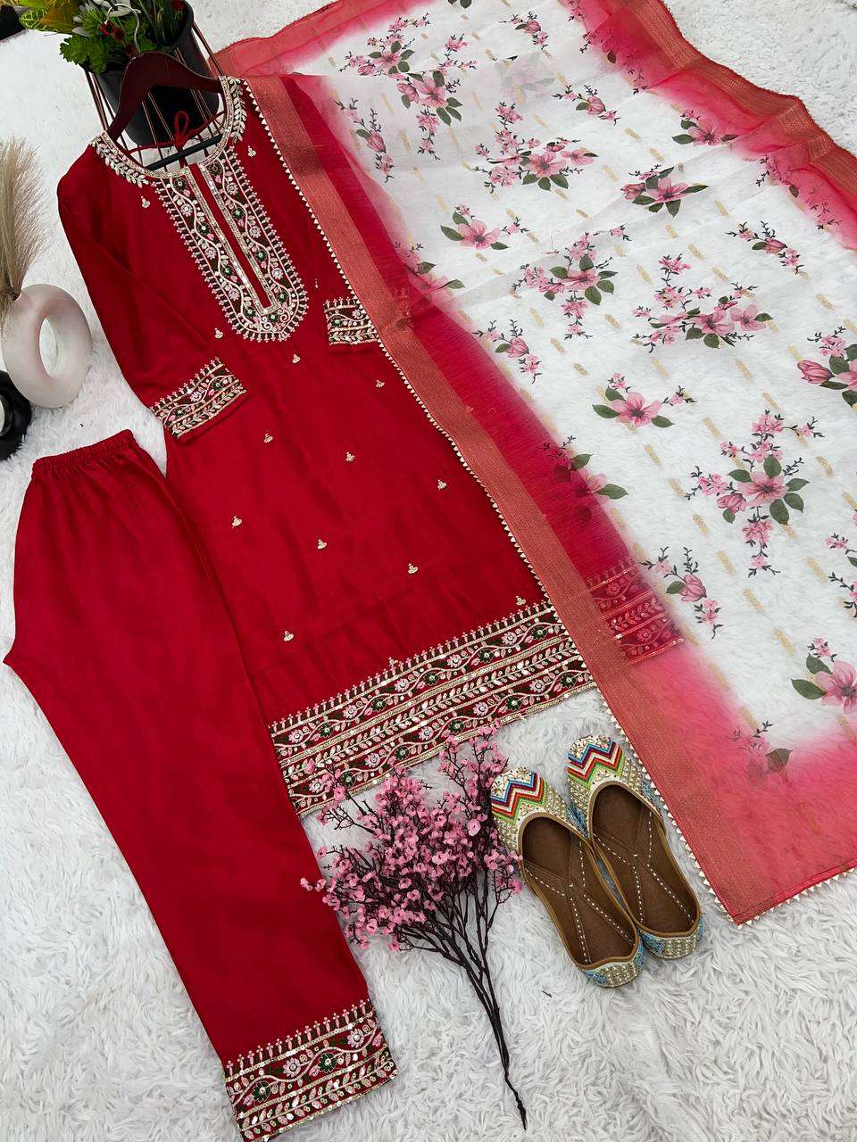 Chinon Silk Kesh121 1622 Suits & Dresses  Embroidery Palazzo Ladies Silk Ladies Party Wear Suits