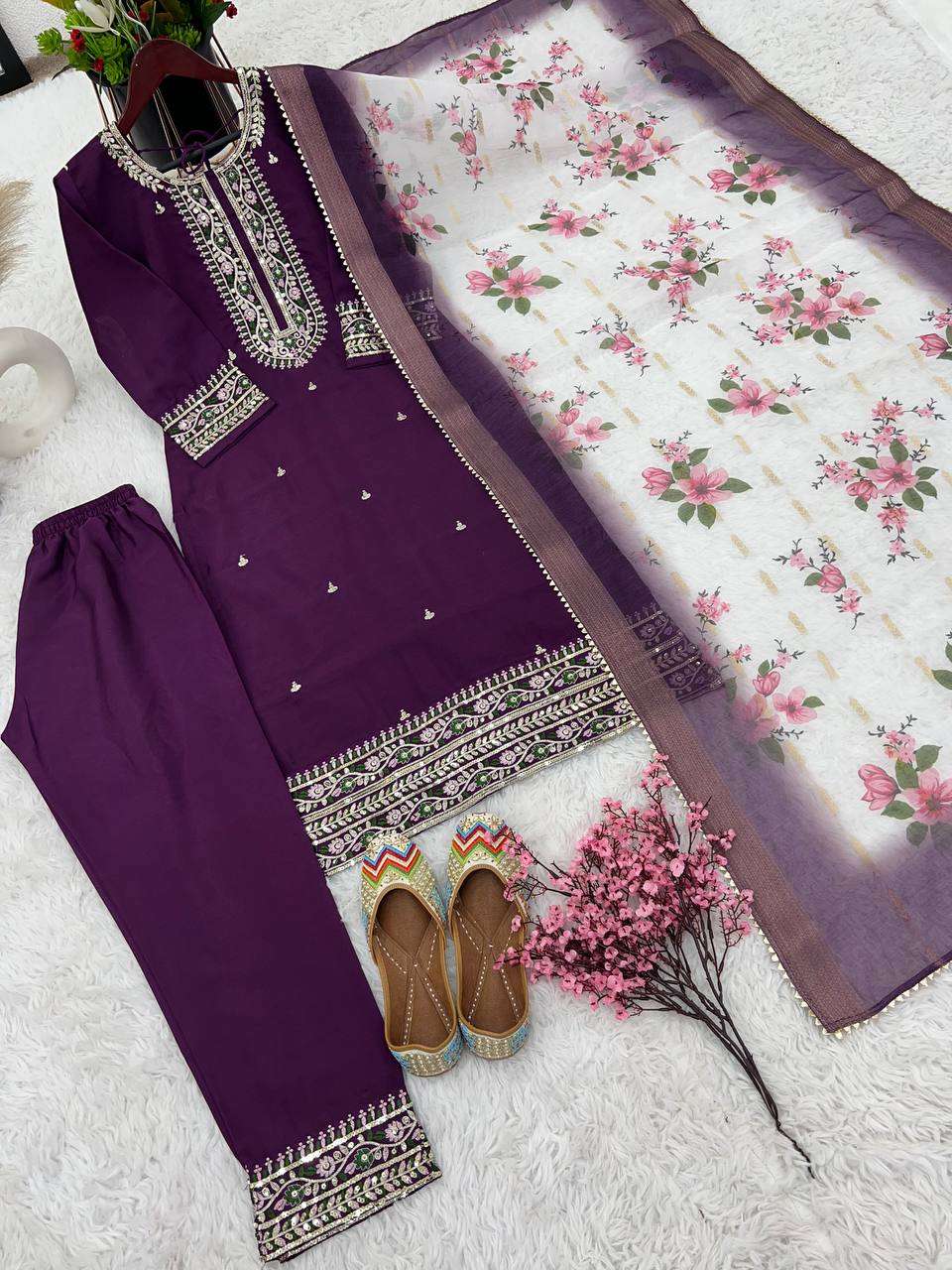 Chinon Silk Kesh121 1622 Suits & Dresses  Embroidery Palazzo Ladies Silk Ladies Party Wear Suits