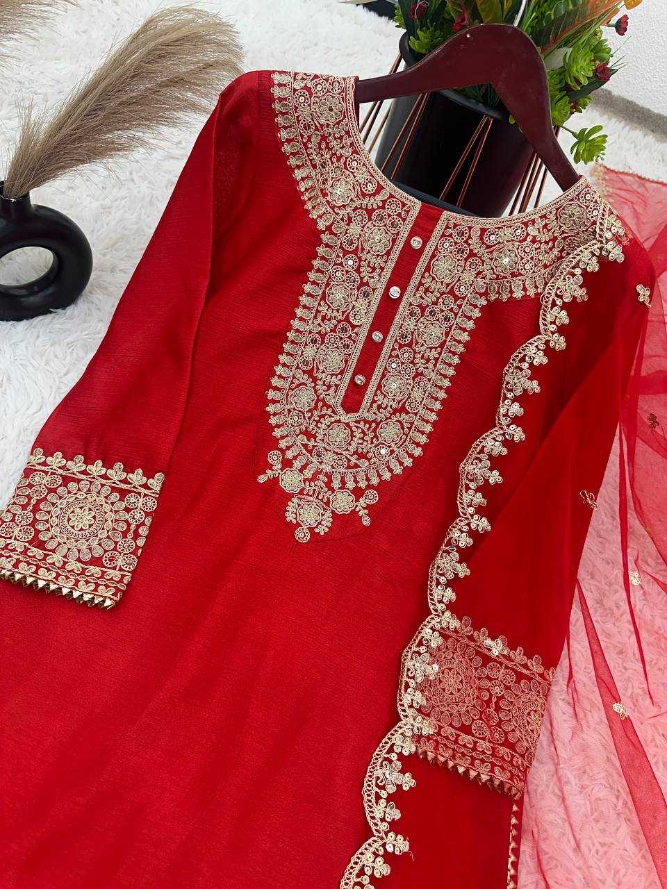 Chinon Silk Kesh121 1650 Suits & Dresses  Ladies Embroidered Ladies Silk Wedding Suits