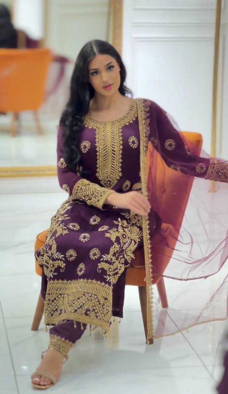 Chinon Silk Kesh122 463 Suits & Dresses Islamic Clothing  Ladies Pakistani Embroidery Ladies Silk Zari Work Suits