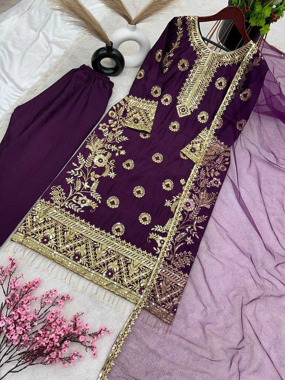 Chinon Silk Kesh122 463 Suits & Dresses Islamic Clothing  Ladies Pakistani Embroidery Ladies Silk Zari Work Suits