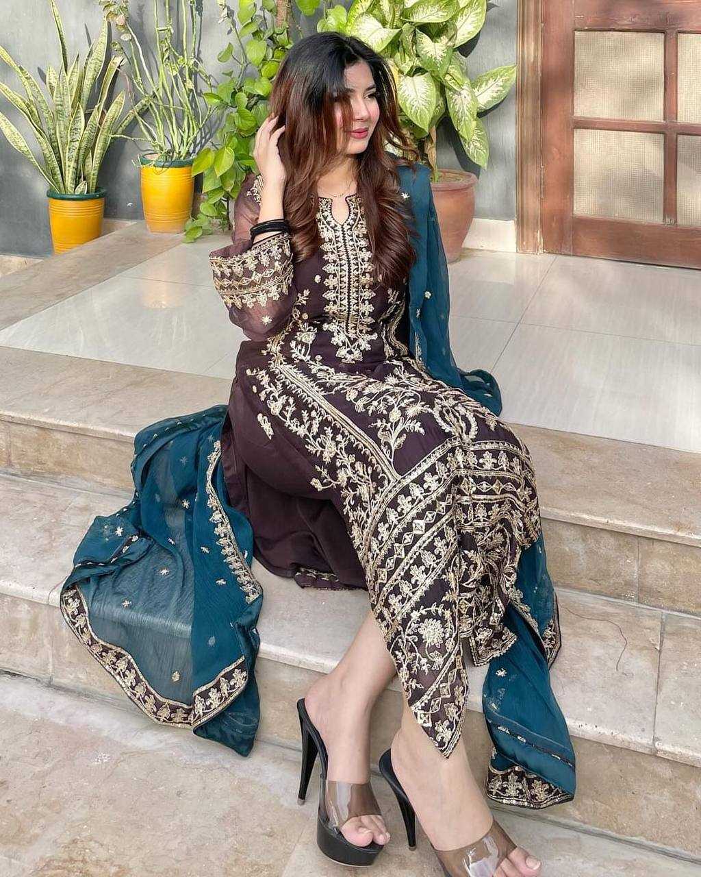 Chinon Silk Kesh122 466 Suits & Dresses Islamic Clothing  Pakistani Embroidery Ladies Silk Wedding Suits