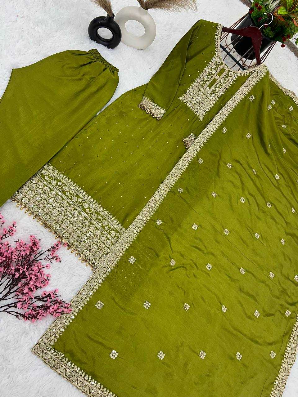 Chinon Silk Kesh122 467 Suits & Dresses  Ladies Embroidery Palazzo Ladies Silk Suits