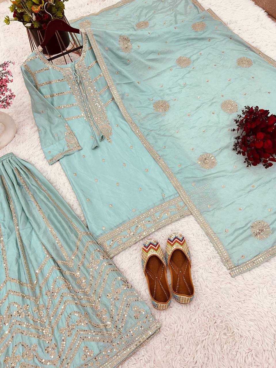 Chinon Silk Kesh122 476 Suits & Dresses Islamic Clothing  Sharara Salwar Pakistani Embroidery Ladies Silk Suits