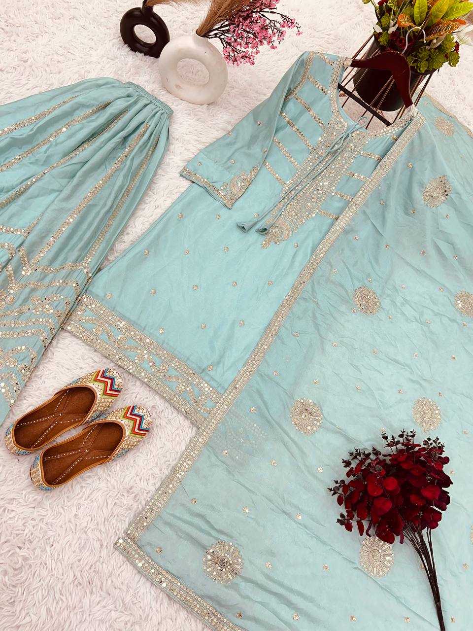 Chinon Silk Kesh122 476 Suits & Dresses Islamic Clothing  Sharara Salwar Pakistani Embroidery Ladies Silk Suits