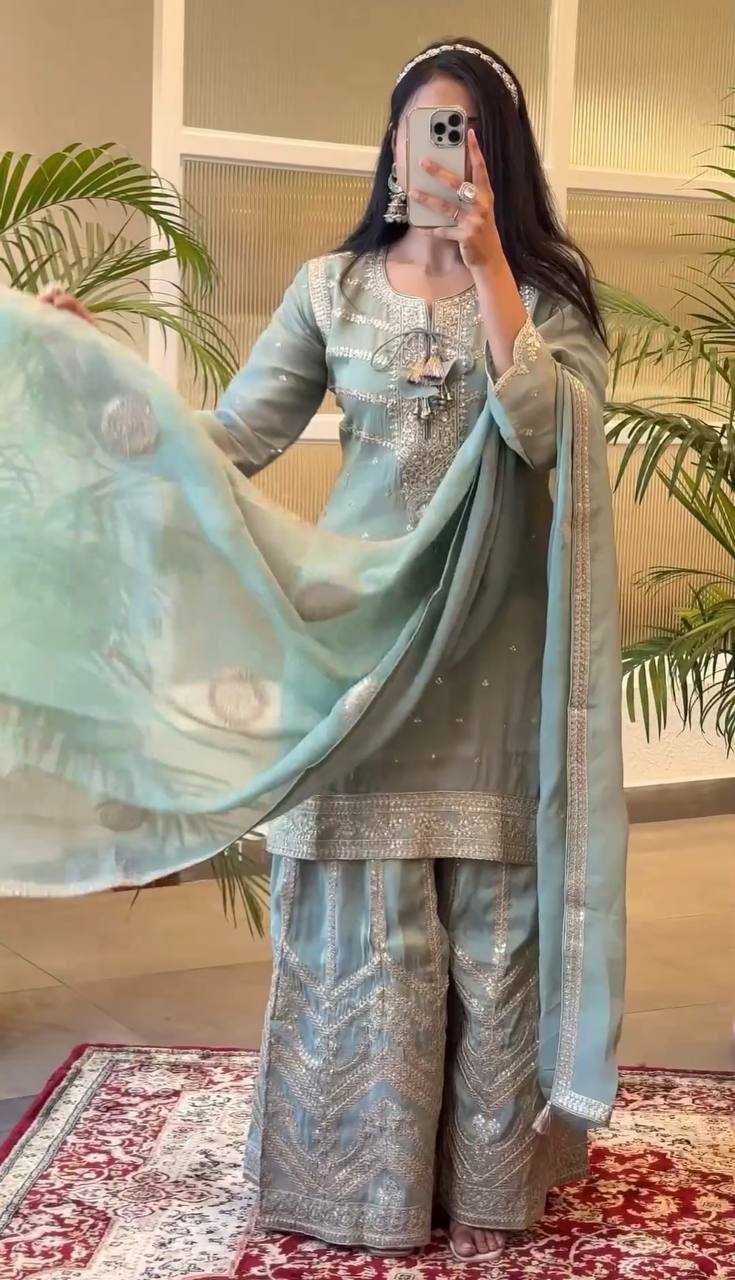 Chinon Silk Kesh122 476 Suits & Dresses Islamic Clothing  Sharara Salwar Pakistani Embroidery Ladies Silk Suits