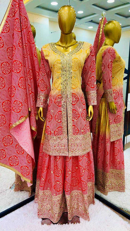 Chinon Silk Kesh122 493 Suits & Dresses  Sharara Salwar Printed Embroidery Ladies Silk Suits