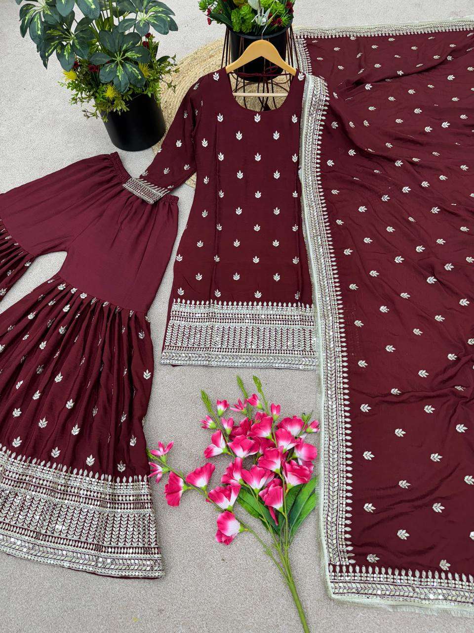 Chinon Silk Kesh123 5143 Suits & Dresses  Sharara Salwar Ladies Embroidery Ladies Silk Suits