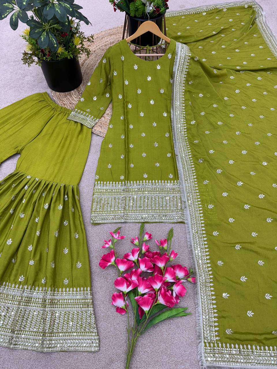 Chinon Silk Kesh123 5143 Suits & Dresses  Sharara Salwar Ladies Embroidery Ladies Silk Suits