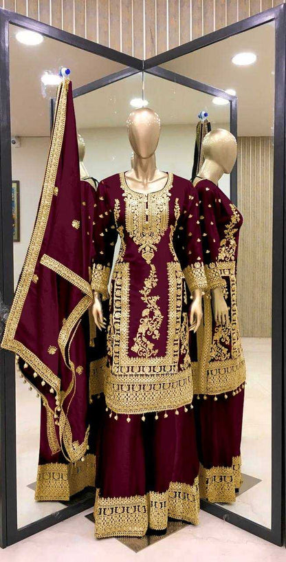 Chinon Silk Kesh123 5146 Suits & Dresses Islamic Clothing  Pakistani Embroidery Palazzo Ladies Silk Suits