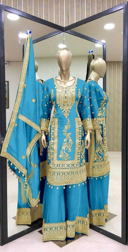 Chinon Silk Kesh123 5146 Suits & Dresses Islamic Clothing  Pakistani Embroidery Palazzo Ladies Silk Suits