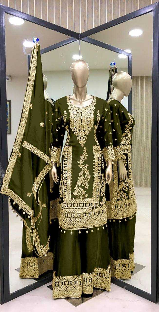 Chinon Silk Kesh123 5146 Suits & Dresses Islamic Clothing  Pakistani Embroidery Palazzo Ladies Silk Suits