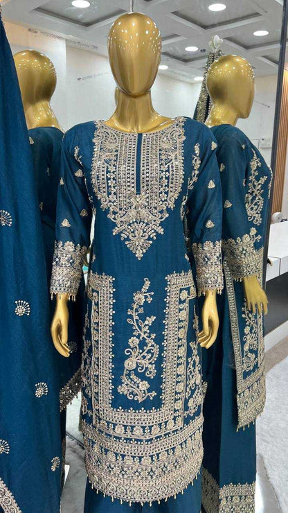 Chinon Silk Kesh123 5146 Suits & Dresses Islamic Clothing  Pakistani Embroidery Palazzo Ladies Silk Suits